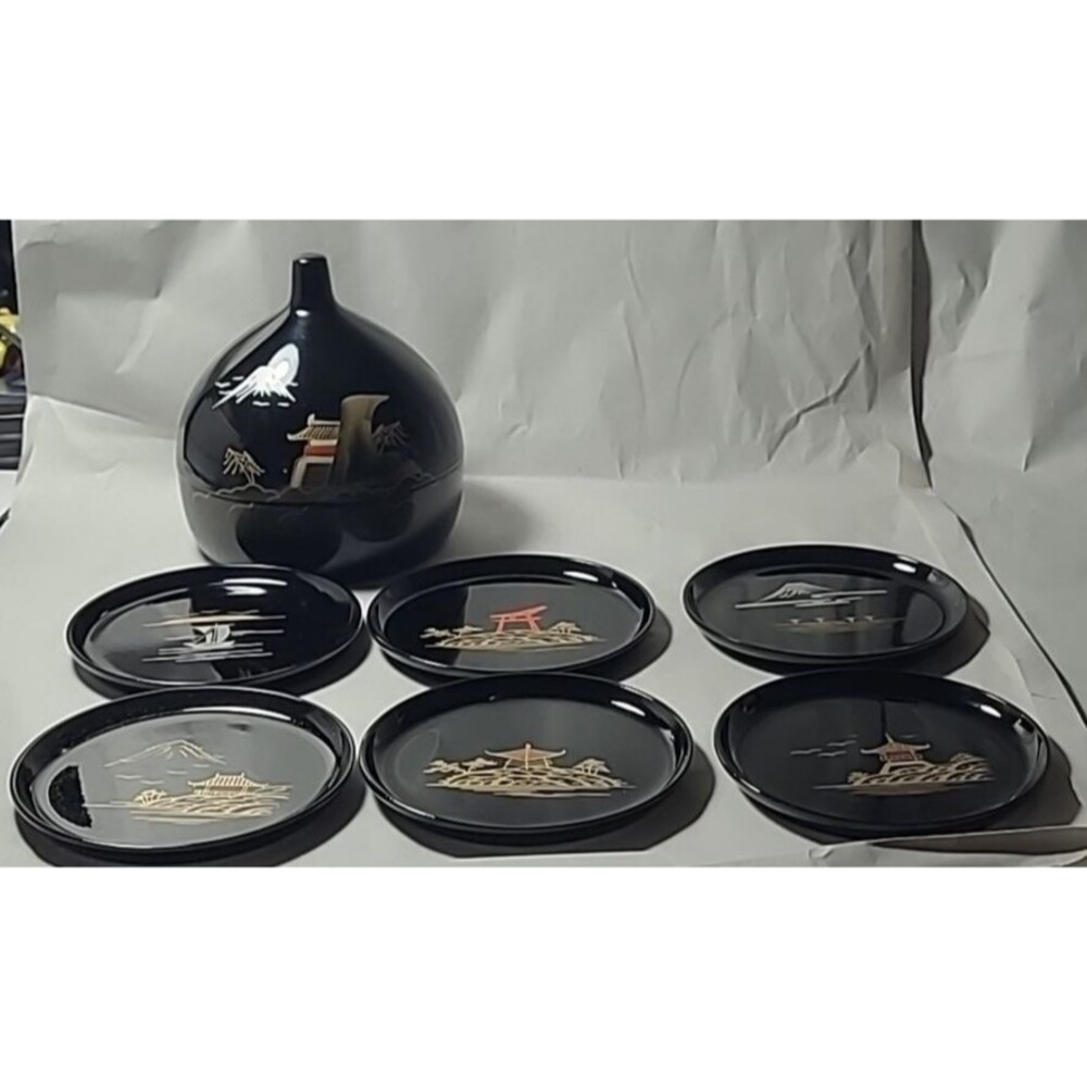 VINTAGE Set of 6 Black LACQUERWARE Coasters in CASE OKINAWA JAPANESE
